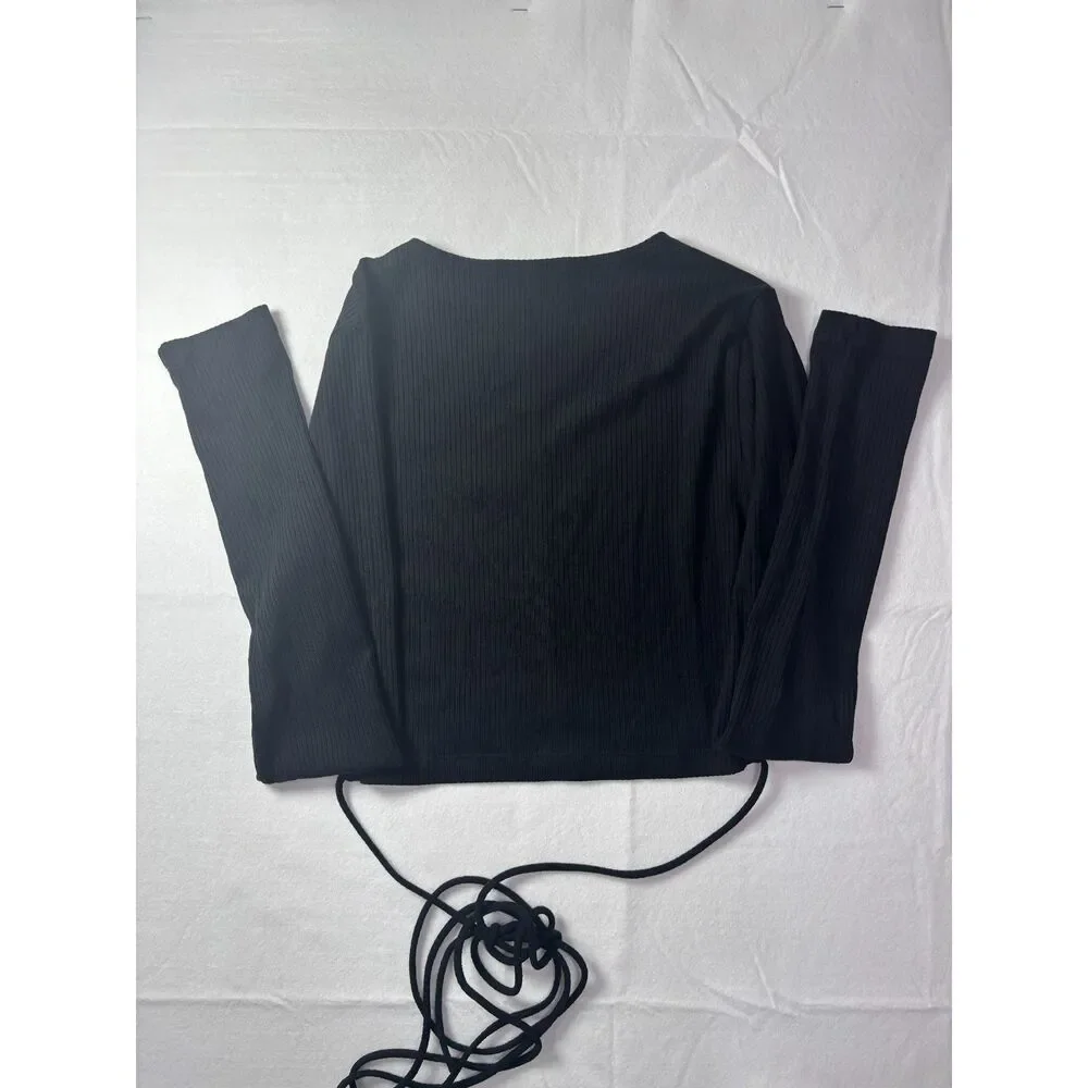 Reformation Black Ribbed Long Sleeve Wrap Tie Hem Crop Top XS/S
